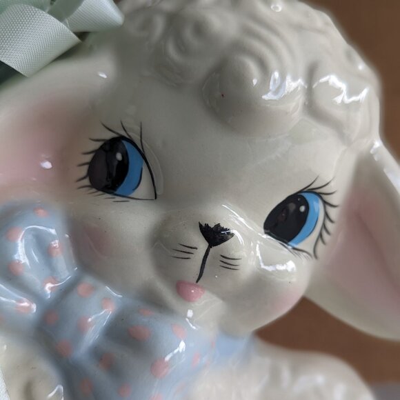 Vintage Playful Baby Lamb with Poke Dot Bow Tie Ceramic Planter Nursery Decor - Picture 4 of 11